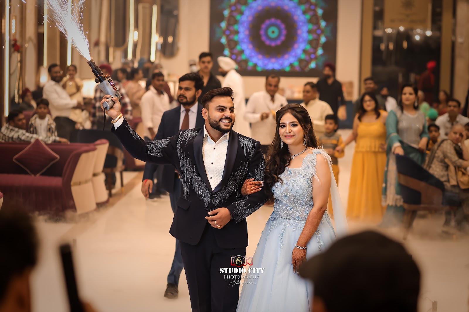 Couple walking into a wedding reception