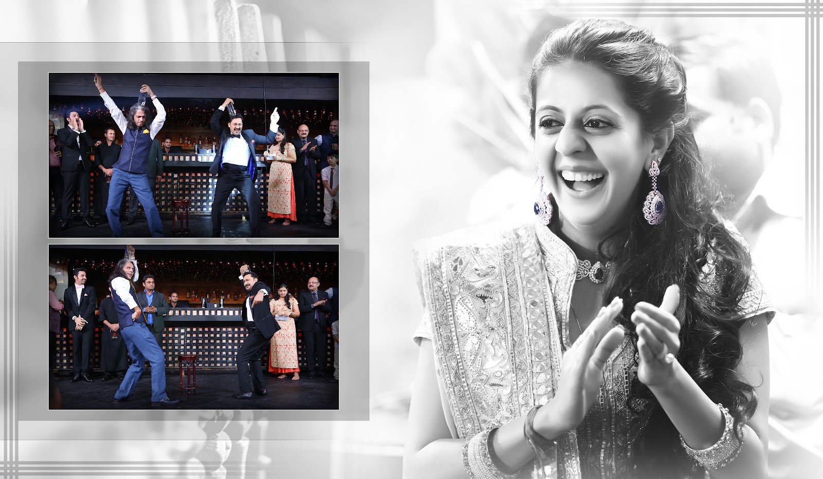 Black and white candid portrait of a laughing bride